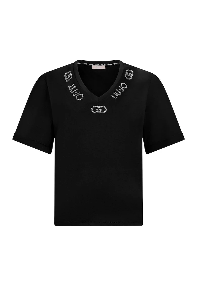 Tricou cu decolteu in V si aplicatii logo cu strasuri, Negru