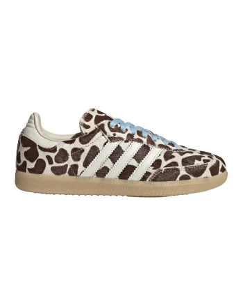 Pantofi sport din piele cu par scurt si model vacuta Samba, Alb fildes/Maro