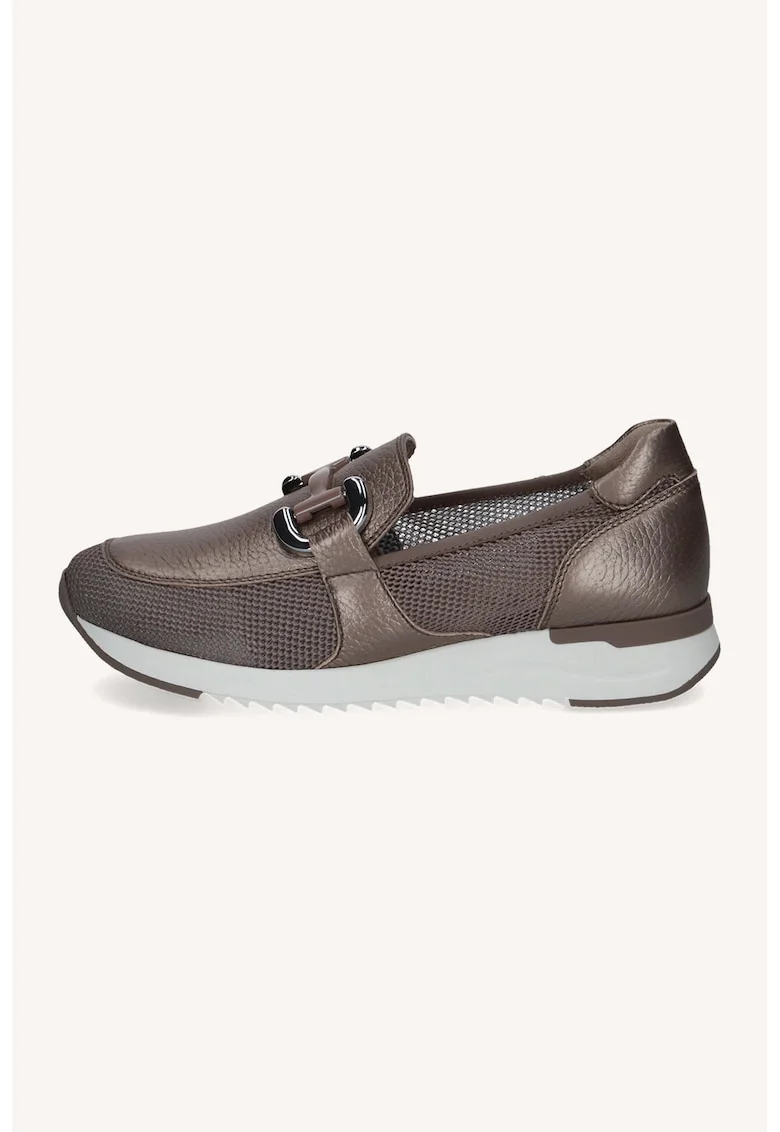 Pantofi loafer de piele si piele ecologica cu detalii perforate, Maro inchis/Alb murdar