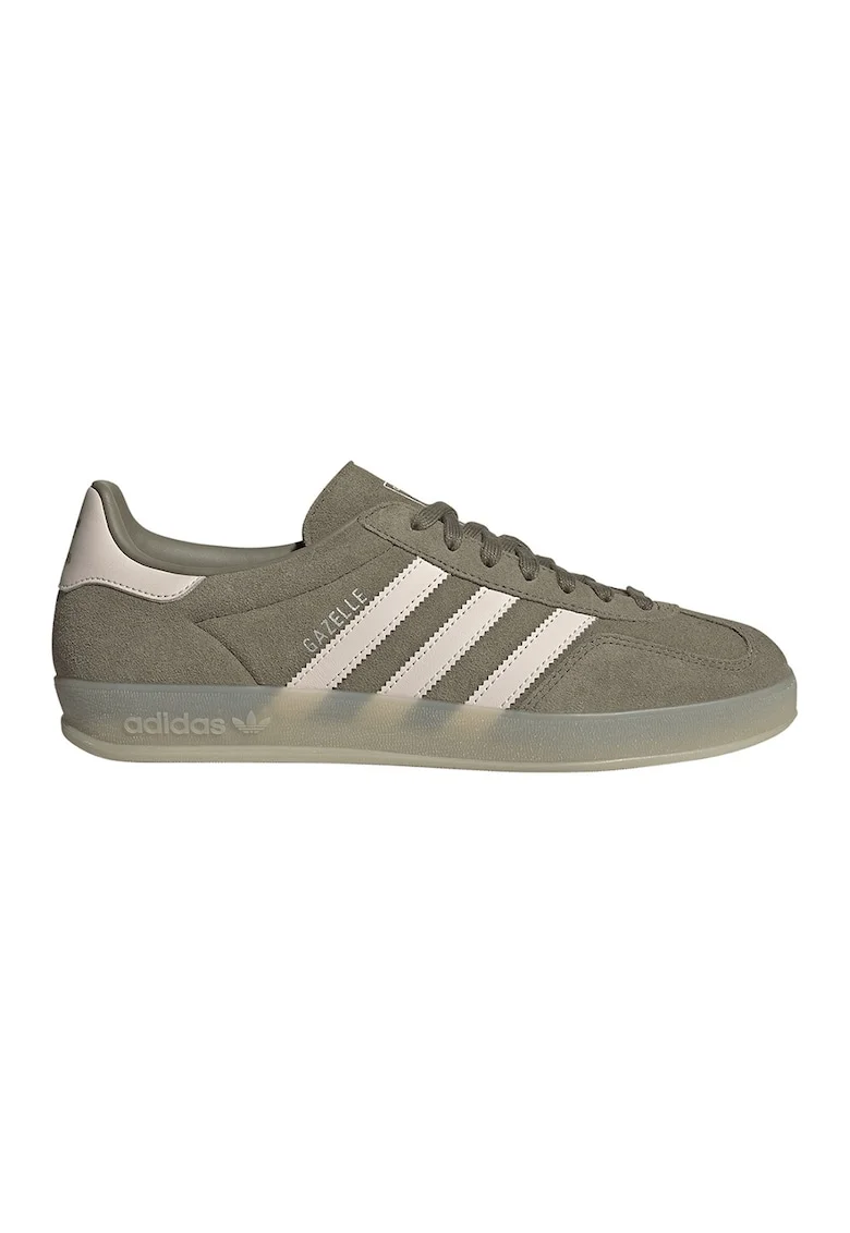 Pantofi sport Gazelle Indoor de piele intoarsa cu logo, Verde masliniu/Bej deschis