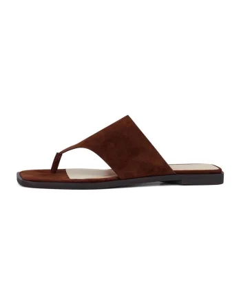 Papuci flip-flop din piele intoarsa cu bareta lata, Maro cognac