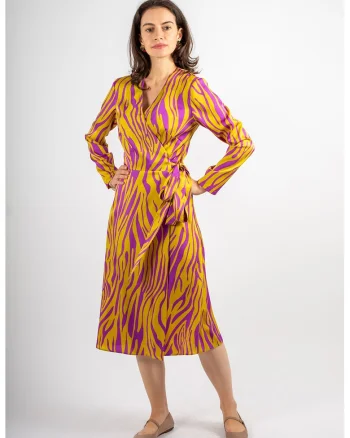 Rochie evazata cu decolteu in V Samantha, Violet/Galben mustar