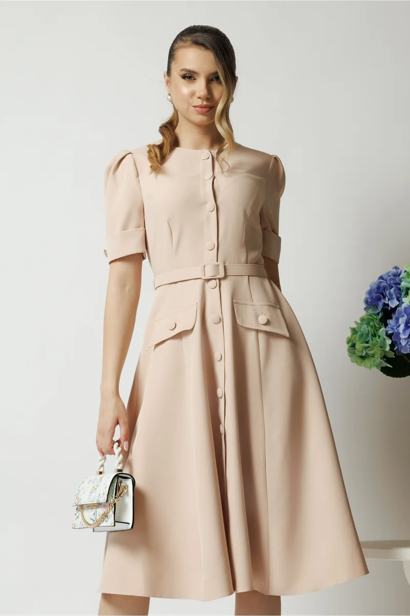 Rochie DY Fashion bej de zi cu nasturi si curea in talie