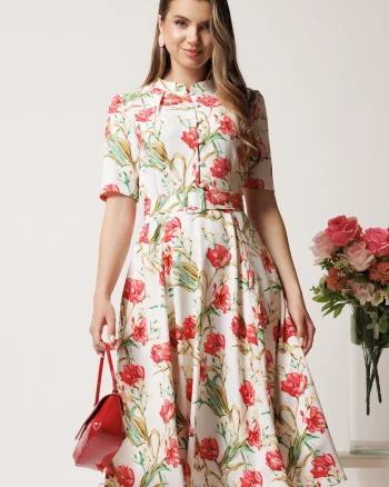 Rochie DY Fashion midi alba in clos din triplu voal cu flori rosii si curea in talie