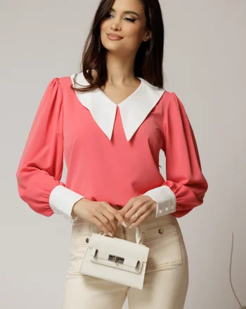 Bluza DY Fashion corai cu gulerul ascutitdin voal fluid