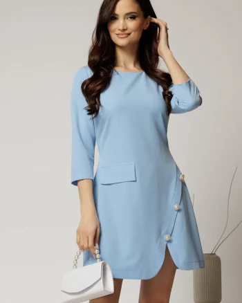 Rochie DY Fashion scurta bleu cu dungi si nasturi pe fusta