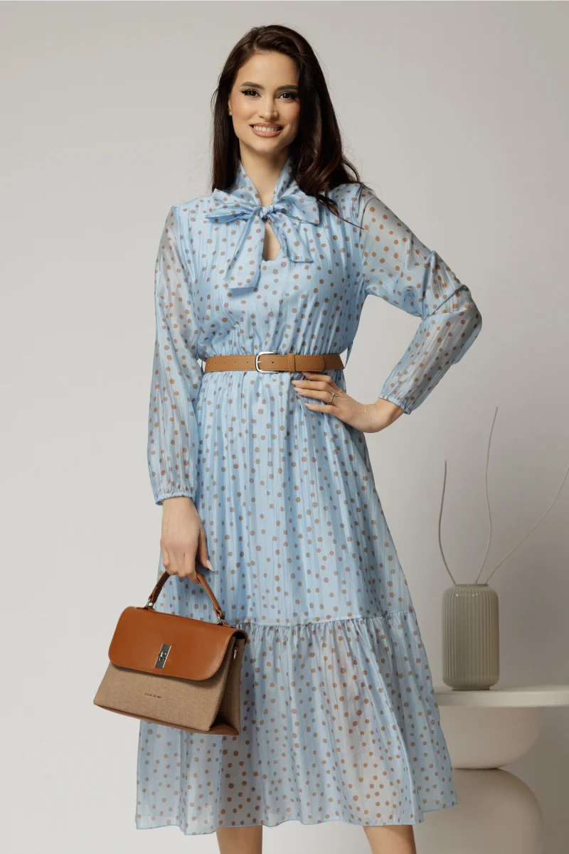 Rochie midi bleu din tencel cu buline si funda la decolteu