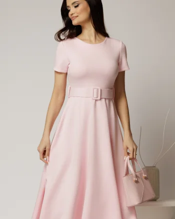 Rochie midi roz cu maneca scurta si curea in talie cu adaos de viscoza