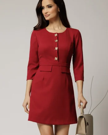 Rochie DY Fashion scurta bordo cu nasturi pe bust si fusta tip A