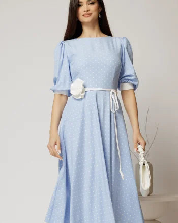 Rochie midi bleu cu buline si cordon detasabil in talie