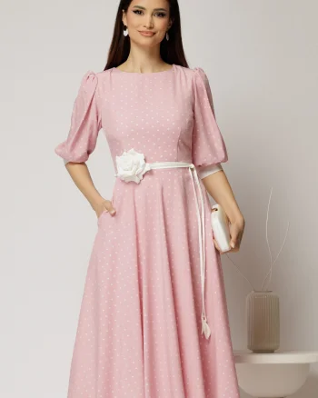 Rochie midi roz cu buline si cordon detasabil in talie