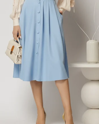 Fusta DY Fashion bleu cu nasturi si pliuri din talie
