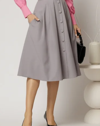 Fusta DY Fashion gri cu nasturi si pliuri din talie