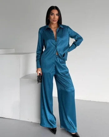 Set pijama dama din doua piese, cu nasturi – 2500404, Turcoaz