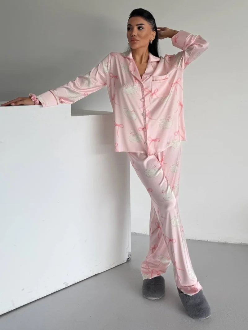 Set pijama dama din doua piese, cu nasturi – 2500341, Roz cu fundite