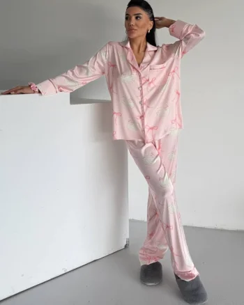 Set pijama dama din doua piese, cu nasturi – 2500341, Roz cu fundite