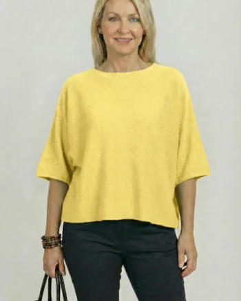 Pulover versatil cu maneca fluture din vascoza, galben pai