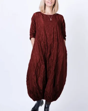 Rochie lunga gogosar din tafta cu memorie, bordo metalizat