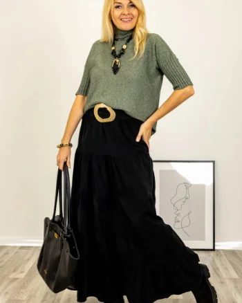 Pulover versatil cu maneci scurte ribbed si guler inalt, din vascoza, verde prafuit