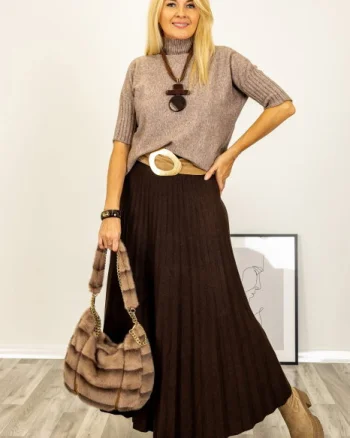 Pulover versatil cu maneci scurte ribbed si guler inalt, din vascoza, bej inchis