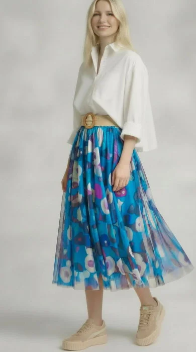 Fusta clos din tulle cu imprimeu floral pictural pe fond turcoaz