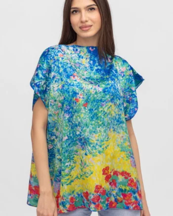 Bluza de vara tip poncho din matase cu imprimeu pictural