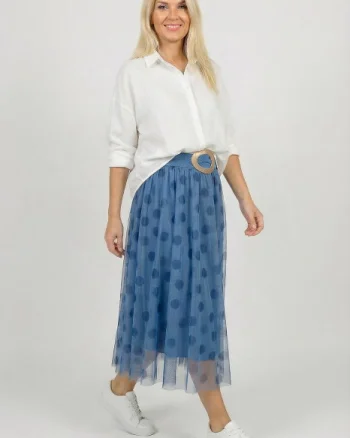 Fusta clos din tulle, bleu cu buline albastru inchis