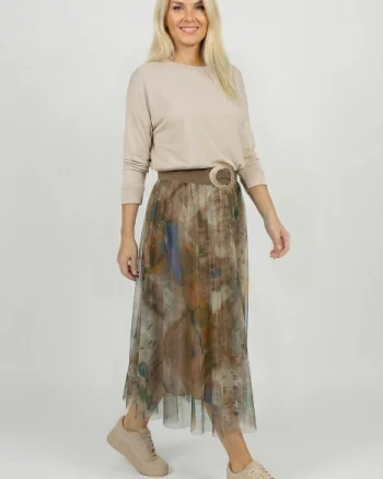 Fusta clos din tulle cu imprimeu pictural pastelat pe fond camel