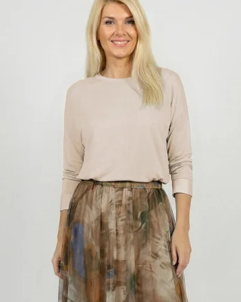 Bluza dama cu maneca fluture si satin la maneci si decolteu, bej deschis
