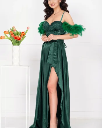 Rochie de seara verde Valeria din tafta cu paiete si fulgi