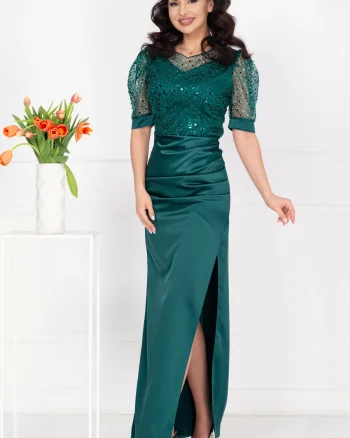 Rochie de seara Sophia verde din tafta cu bust din paiete