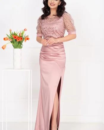 Rochie de seara Sophia roz din tafta cu bust din paiete