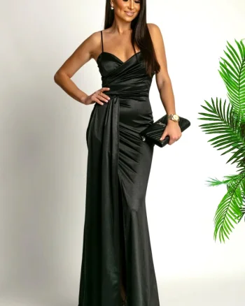 Rochie lunga satinata, OLyna, cu crapatura pe picior si fald, Negru, Marime S/M
