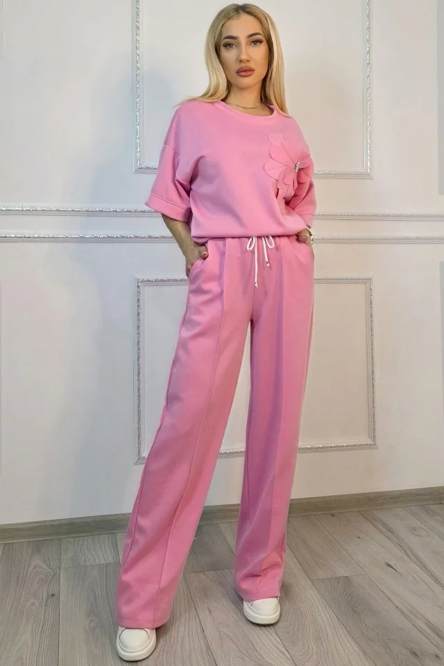 Compleu casual, doua piese Solenne, cu detaliu floral si cristale, Roz, Marime S/M/L