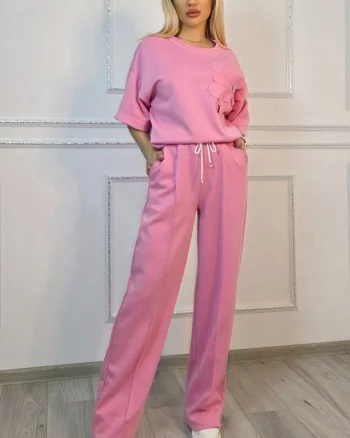 Compleu casual, doua piese Solenne, cu detaliu floral si cristale, Roz, Marime S/M/L