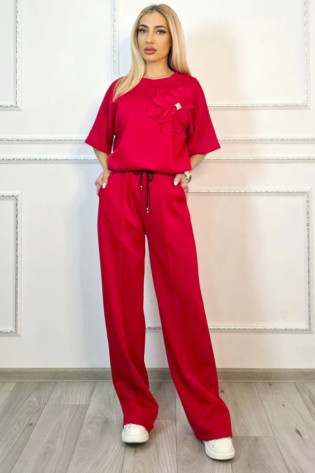 Compleu casual, doua piese Solenne, cu detaliu floral si cristale, Rosu, Marime S/M/L
