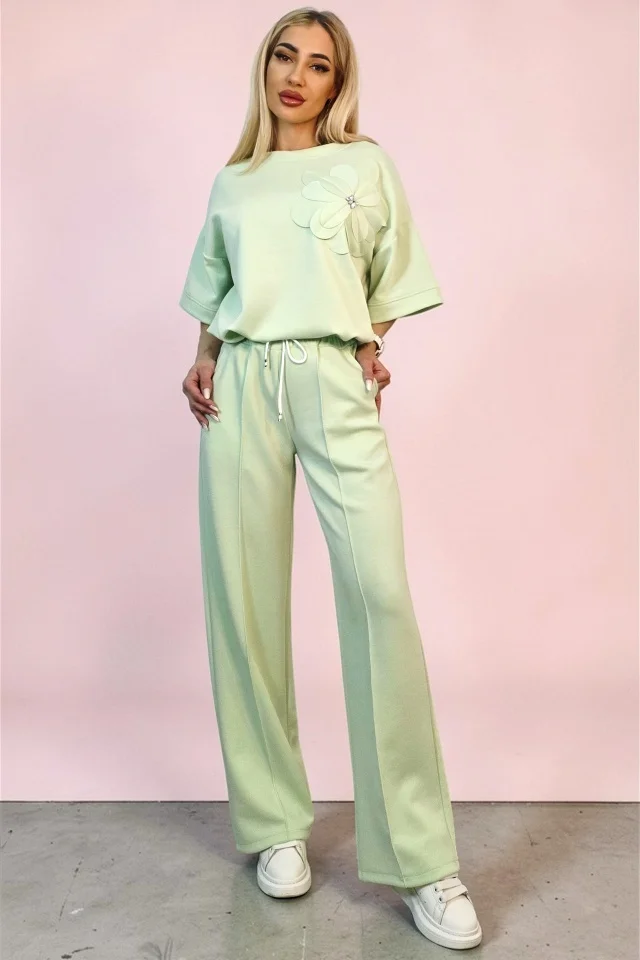 Compleu casual, doua piese Solenne, cu detaliu floral si cristale, VERNIL, Marime S/M/L