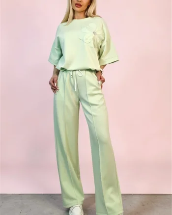 Compleu casual, doua piese Solenne, cu detaliu floral si cristale, VERNIL, Marime S/M/L