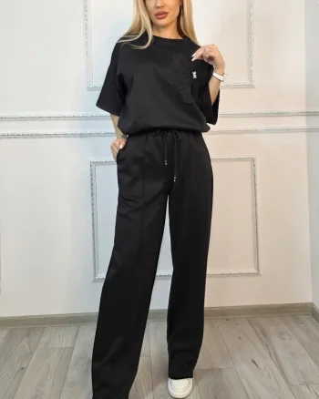 Compleu casual, doua piese Solenne, cu detaliu floral si cristale, Negru, Marime S/M/L
