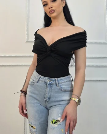 Body elegant Regalis, cu drapaj la umeri si nod fix, Negru