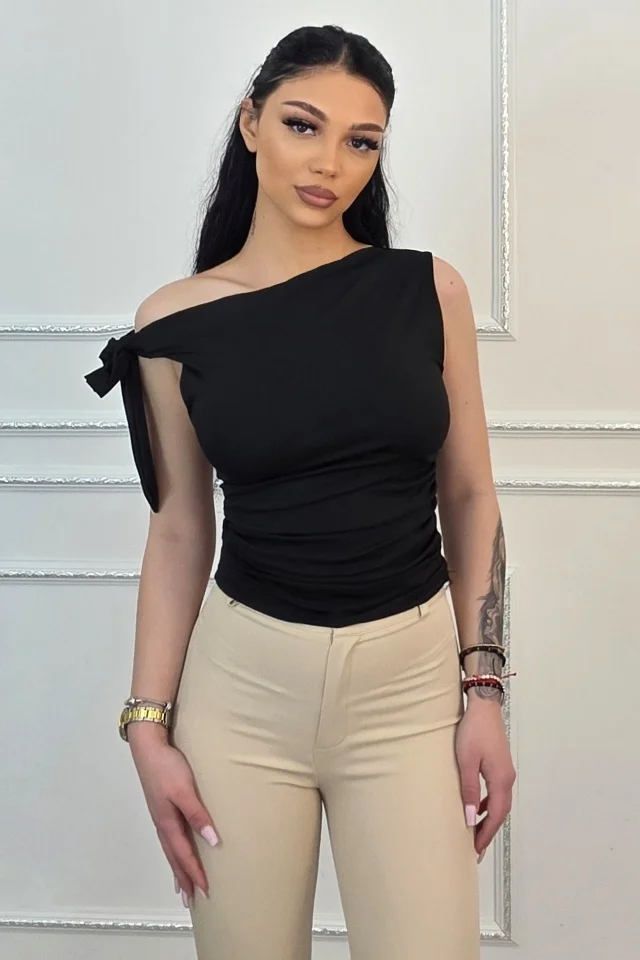 Top elegant Camell, cu legare laterala si falduri, Negru