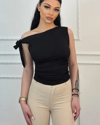 Top elegant Camell, cu legare laterala si falduri, Negru