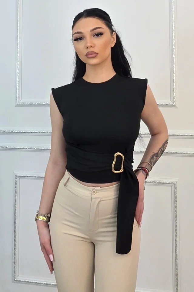 Top scurt elegant ARVEN, cu detaliu metalic auriu, Negru