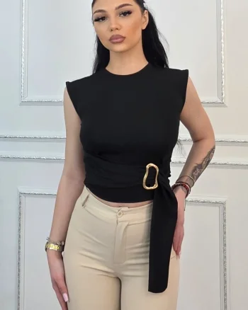 Top scurt elegant ARVEN, cu detaliu metalic auriu, Negru