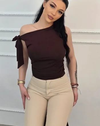 Top elegant Camell, cu legare laterala si falduri, MARO
