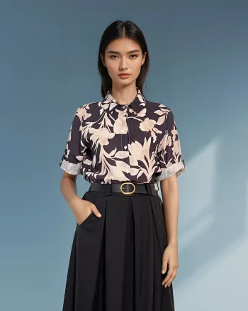 Cămașă mânecă scurtă cu print floral negru - Unica S-L