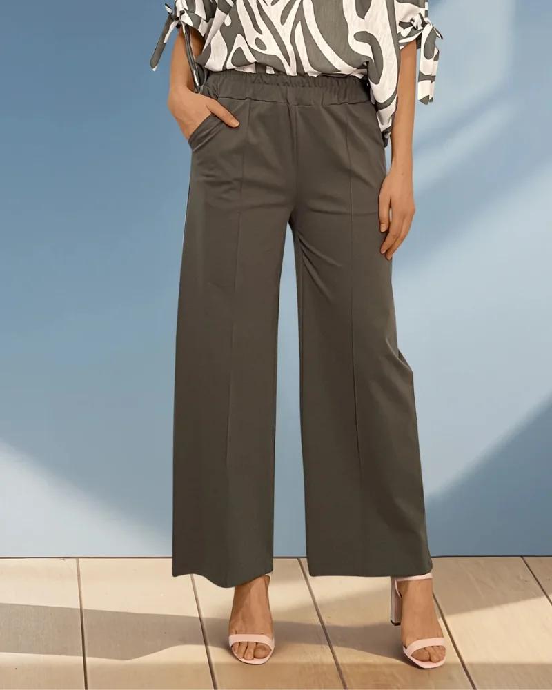 Pantaloni drepți cu dungă pe picior și buzunare kaki - Unica S-L
