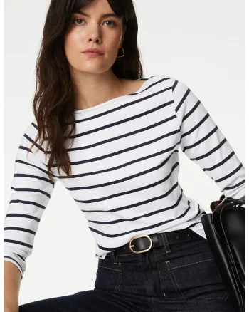 Bluza slim-fit cu maneci 3/4, Alb/Negru