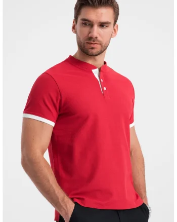Tricou de bumbac cu fenta cu nasturi, Rosu