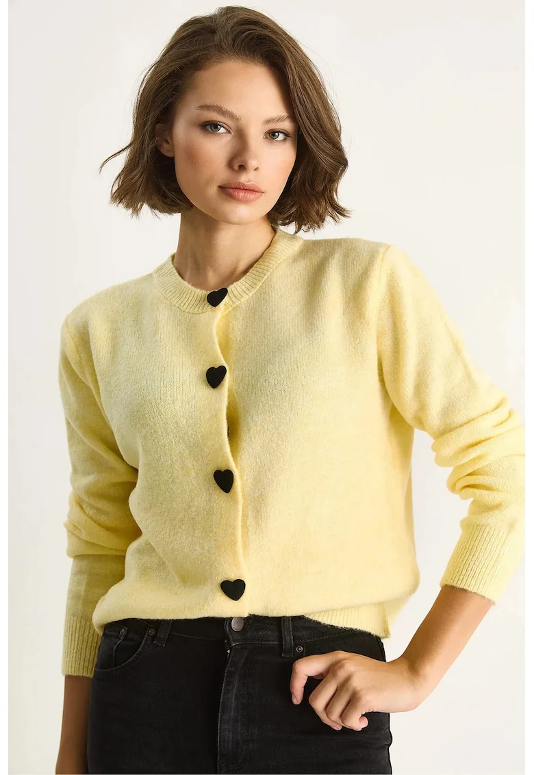 Pulover dama,  Cardigan tricotat, Regular Fit, Galben lamaie,